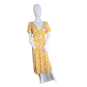 Rewind Dress XL Goldenrod Bloomcore Plunge Neck Strappy Back Cottagecore Maxi